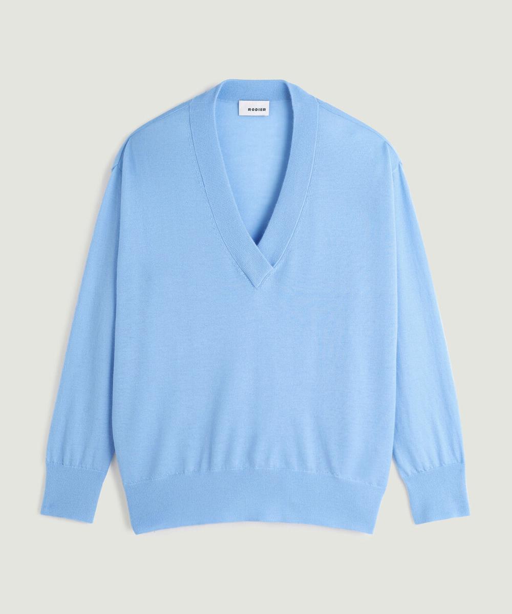 rodier Pull col V oversize en cachemire fin bleu pâle