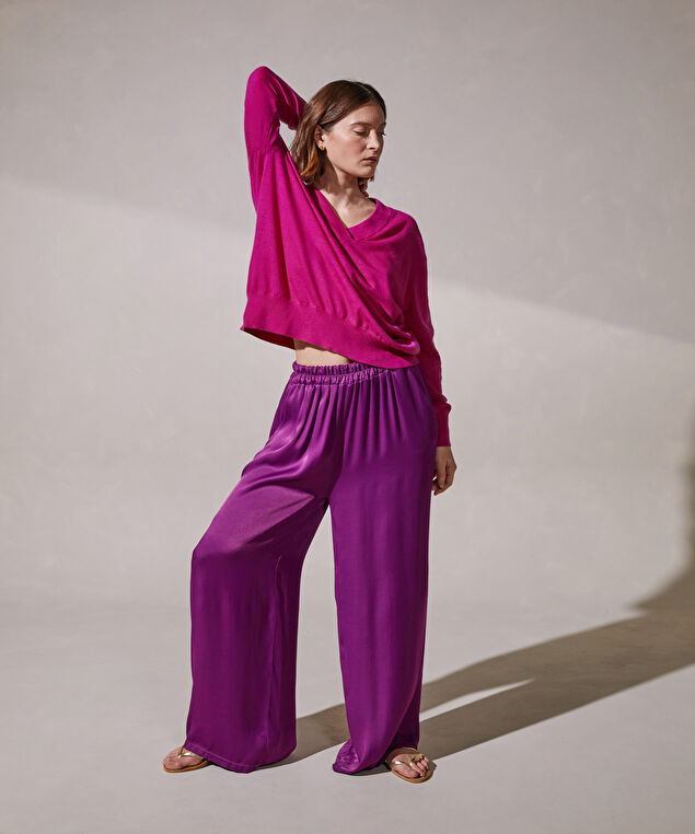 Rodier Pull Col V Oversize En Cachemire Fin Rose Fuschia