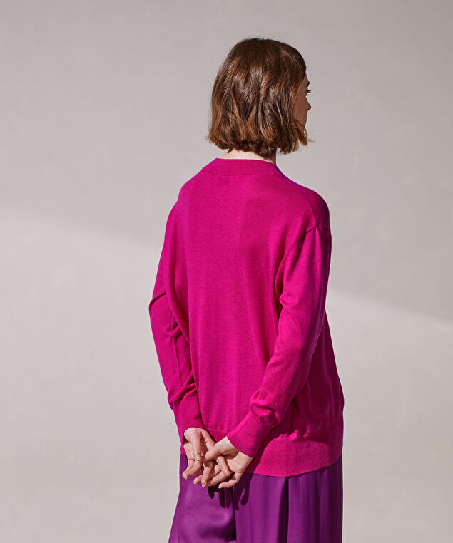 Rodier Pull Col V Oversize En Cachemire Fin Rose Fuschia