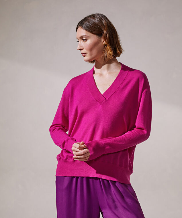 Rodier Pull Col V Oversize En Cachemire Fin Rose Fuschia