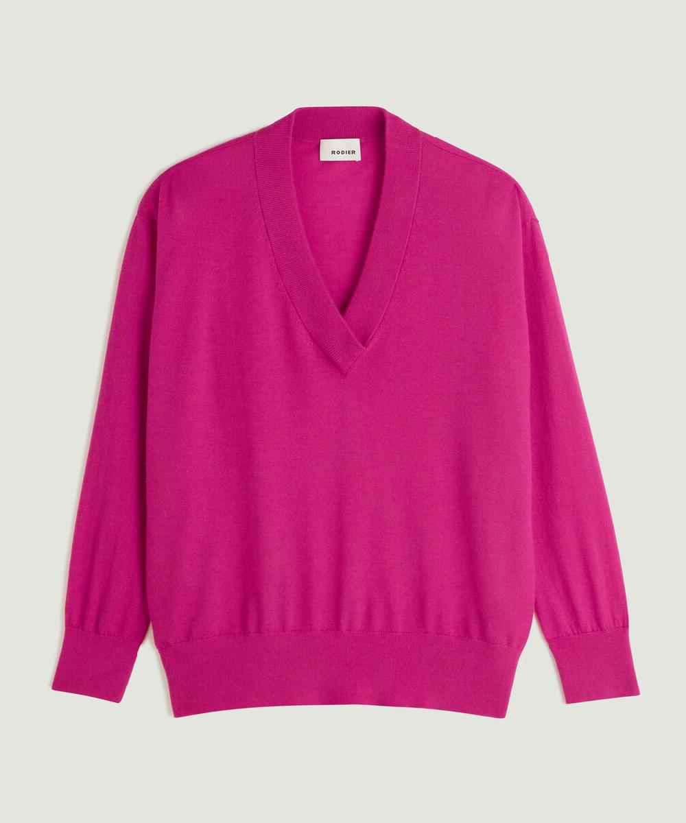 rodier Pull col V oversize en cachemire fin rose fuschia