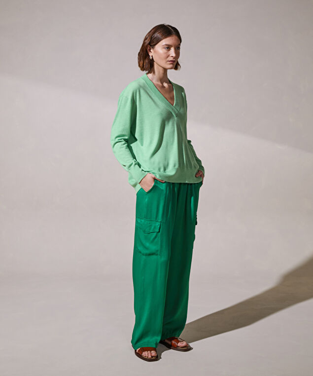 Rodier Pull Col V Oversize En Cachemire Fin Vert Amande