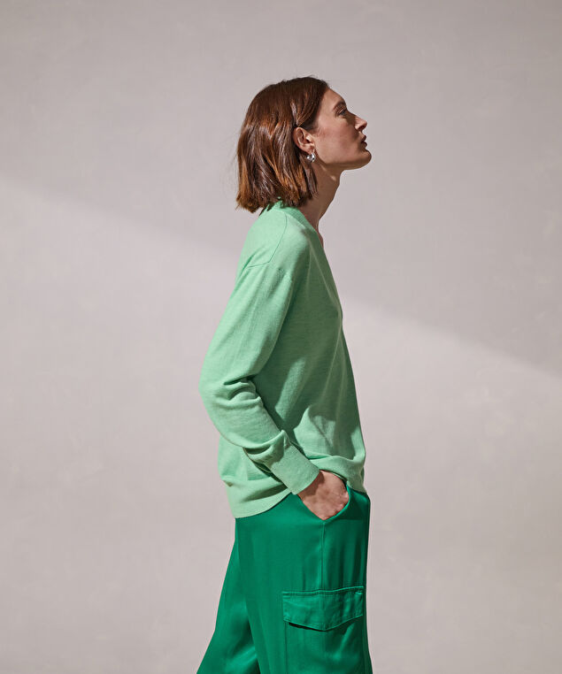 Rodier Pull Col V Oversize En Cachemire Fin Vert Amande