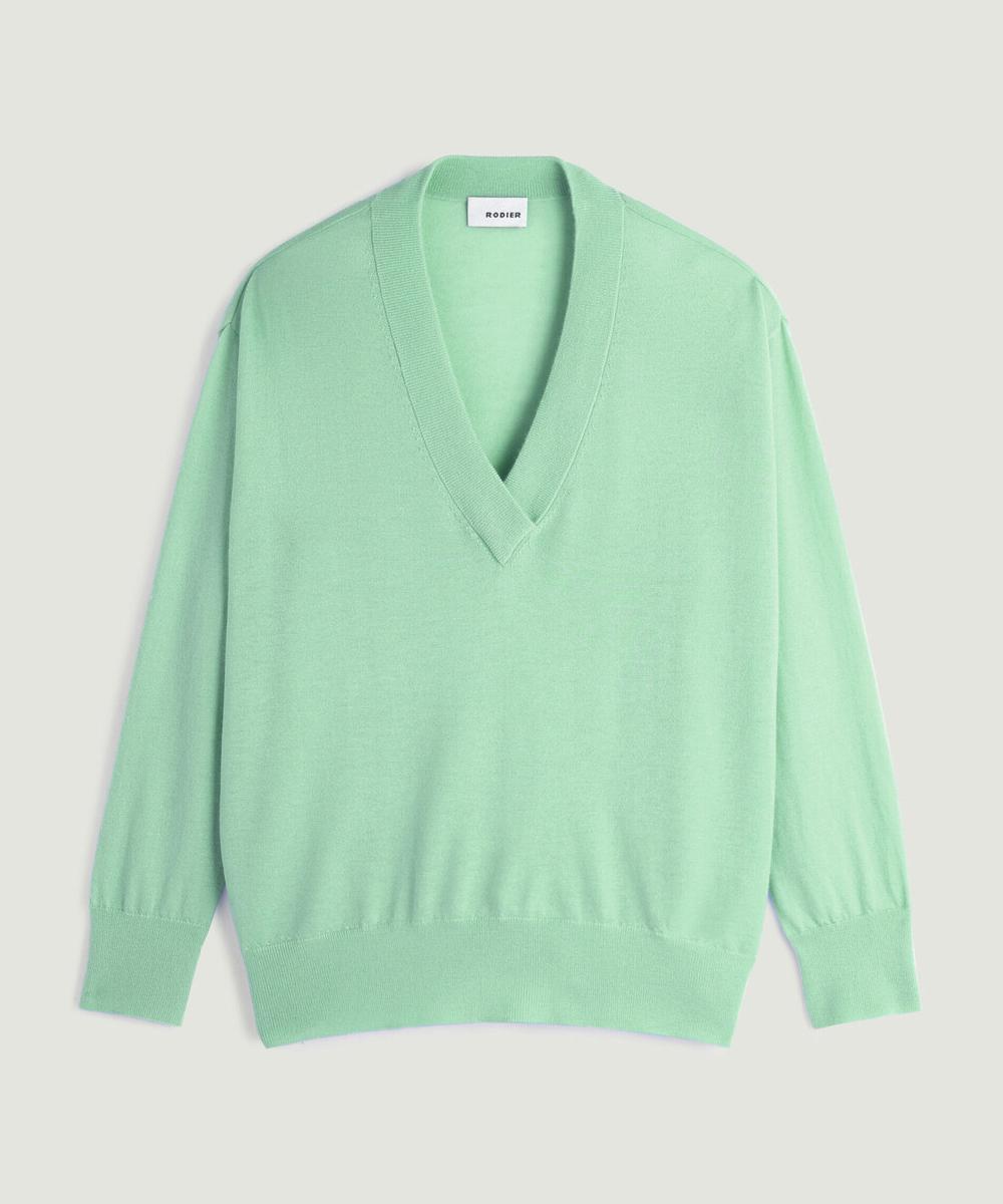 rodier Pull col V oversize en cachemire fin vert amande
