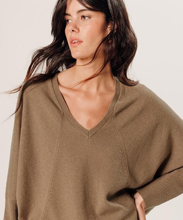 Rodier Pull Col V Oversize En Cachemire Marron Camel