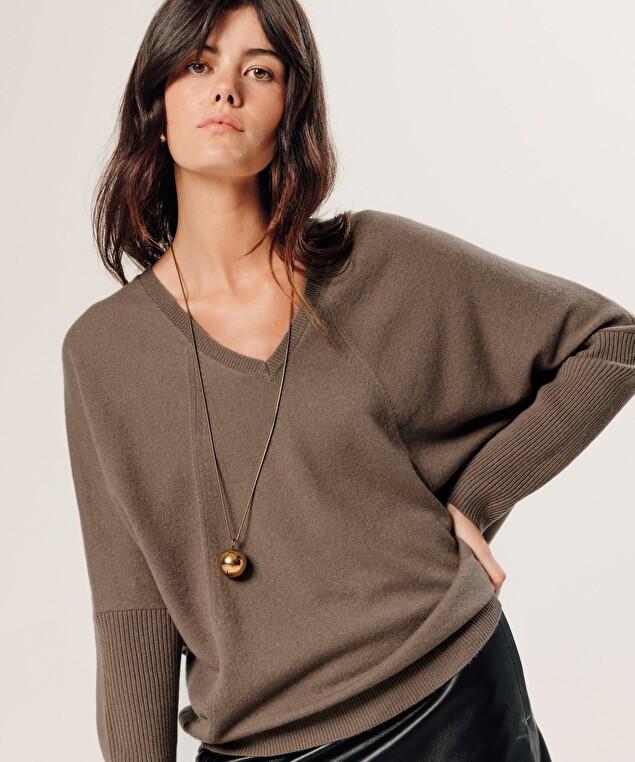 Rodier Pull Col V Oversize En Cachemire Marron Havane