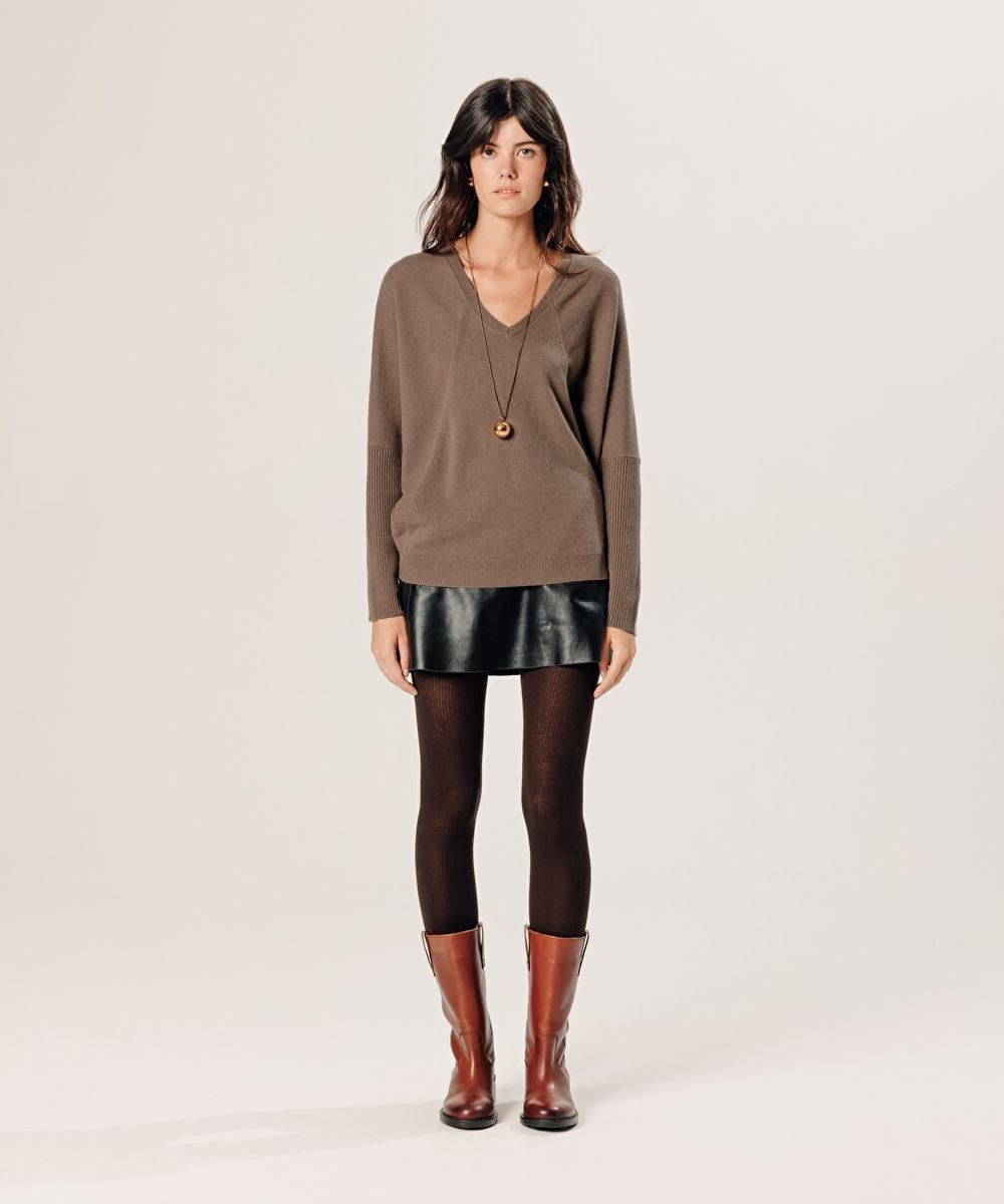 rodier Pull col V oversize en cachemire marron havane