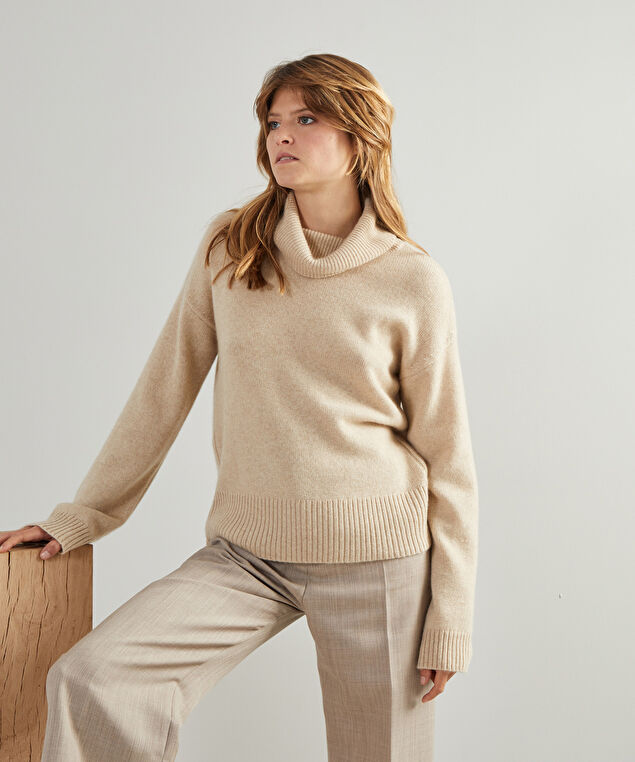 Rodier Pull Oversize Col Roulé En Cachemire 4 Fils Beige