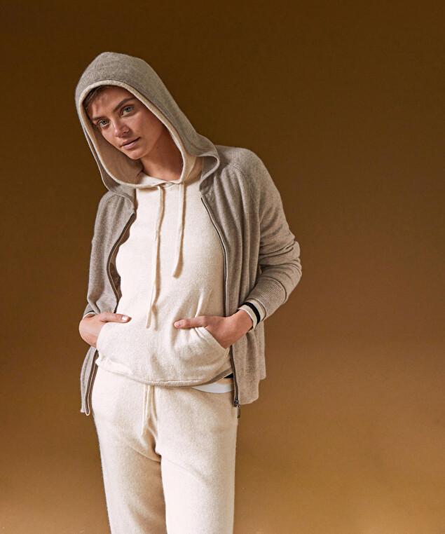 Rodier Blouson à Capuche En Cachemire Marron Taupe