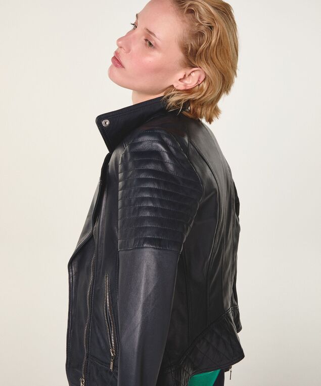 Rodier Blouson Perfecto En Cuir Bleu Nuit