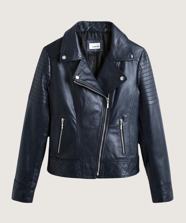Rodier Blouson Perfecto En Cuir Bleu Nuit