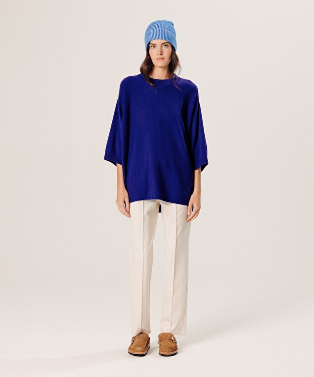 Rodier Bonnet Bicolore En Cachemire Bleu Outremer