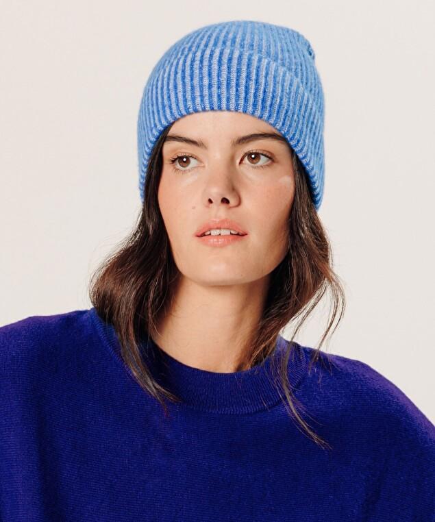 Rodier Bonnet Bicolore En Cachemire Bleu Outremer