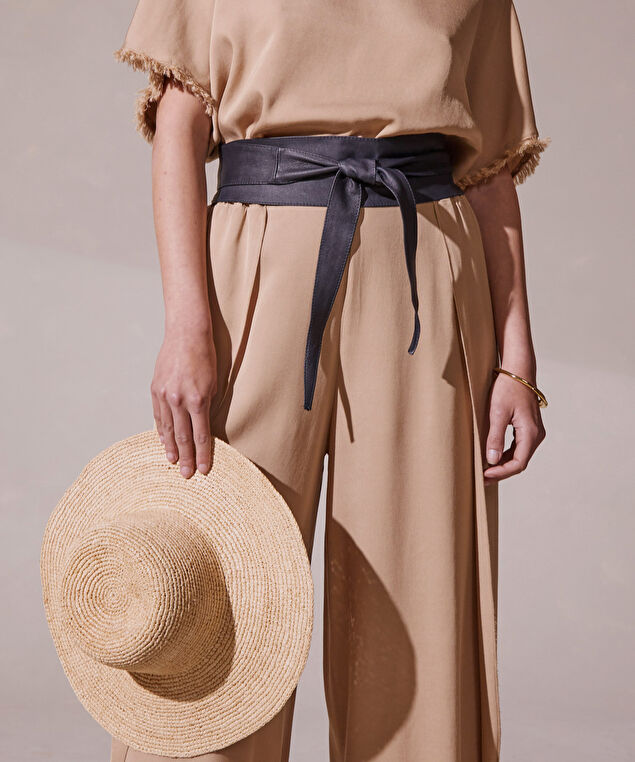 Rodier Ceinture Large à Nouer En Cuir Bleu Marine