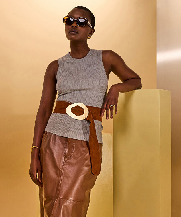 Rodier Ceinture Large En Cuir Velours Marron Camel