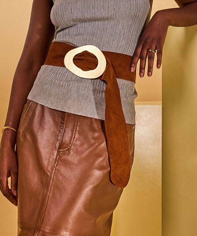Rodier Ceinture Large En Cuir Velours Marron Camel