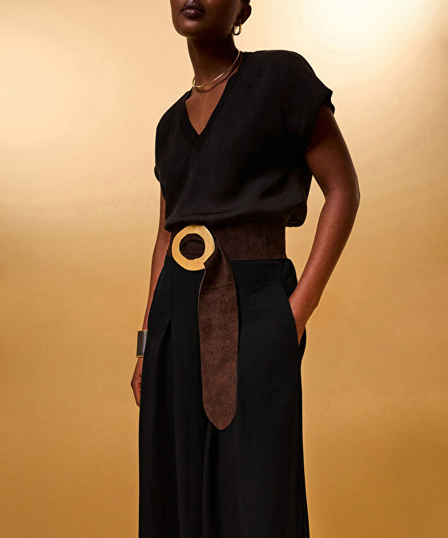 Rodier Ceinture Large En Cuir Velours Marron Foncé