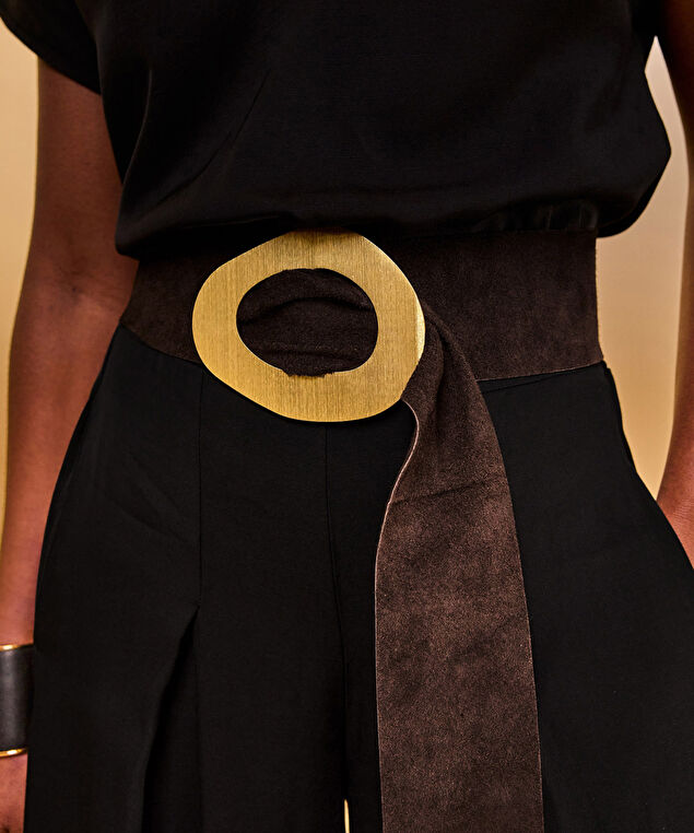 Rodier Ceinture Large En Cuir Velours Marron Foncé