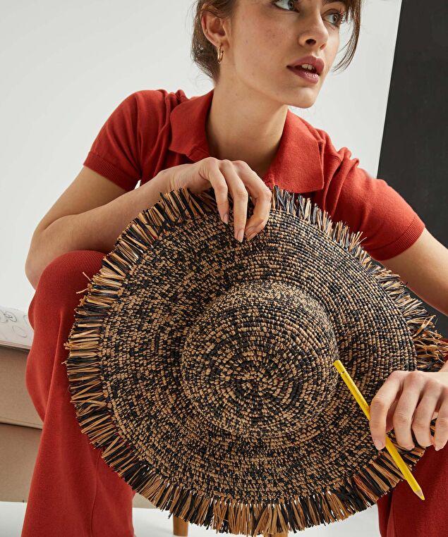 Rodier Chapeau à Bord Frangé En Raphia Noir