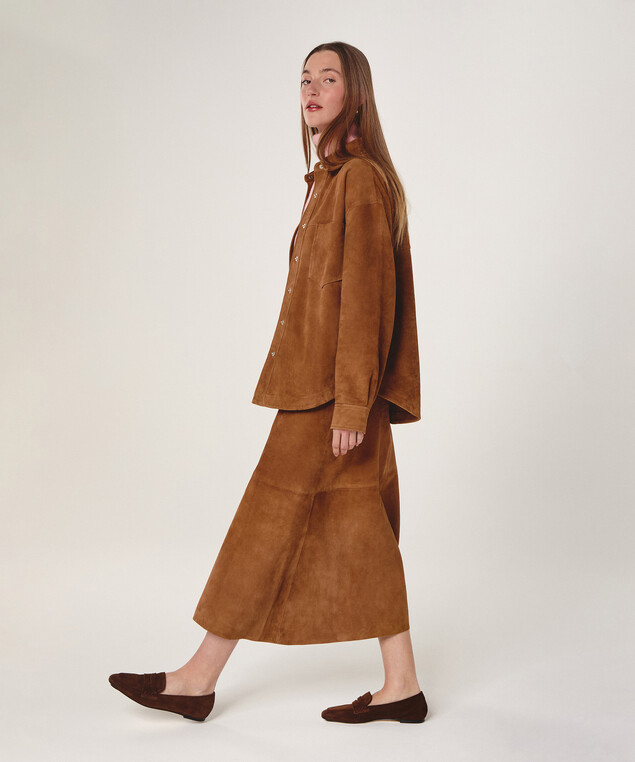 Rodier Chemise En Cuir De Chèvre Velours Camel