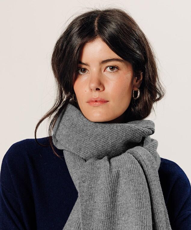 Rodier Écharpe à Côtes En Cachemire Gris Perle