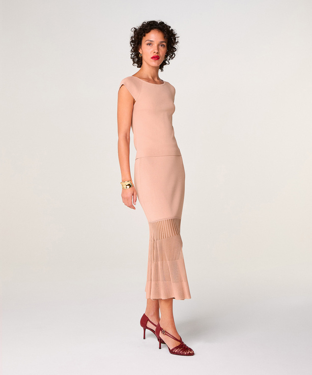 Rodier Jupe Longue Bi-matière Rose Poudré