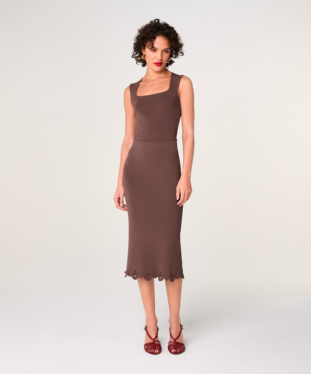 Rodier Jupe Longue Brodée Marron écorce