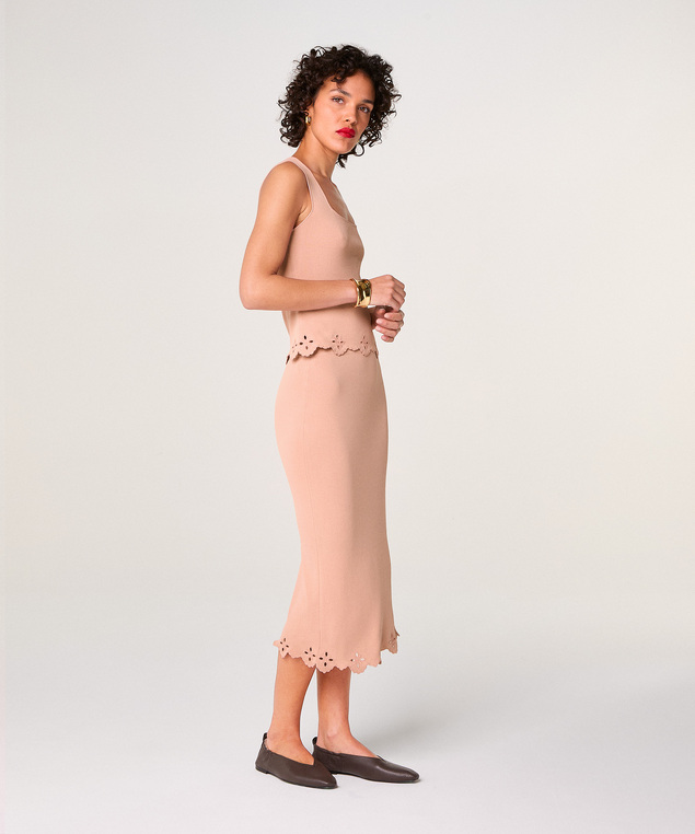 Rodier Jupe Longue Brodée Rose Poudré