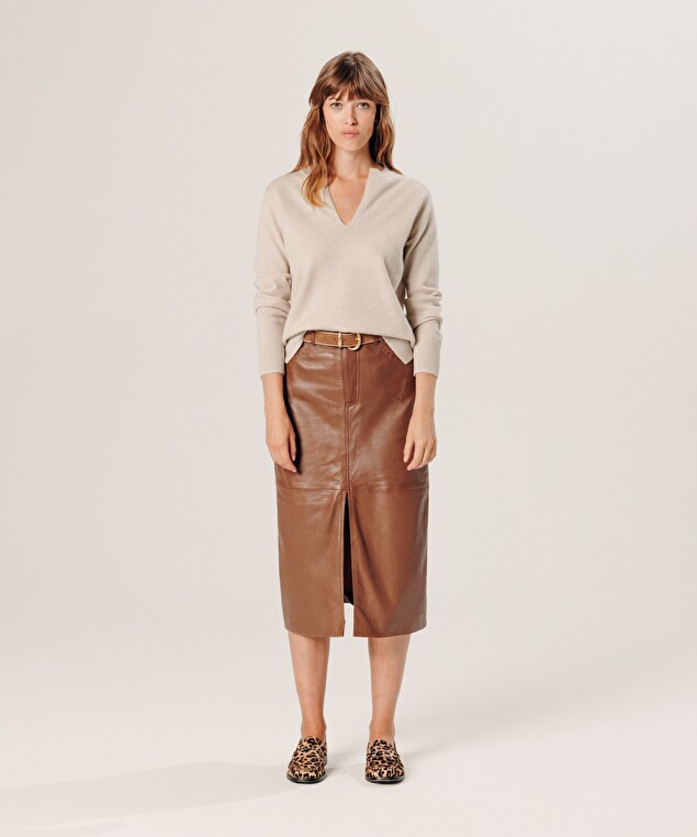 Rodier Jupe Longue Droite En Cuir Marron