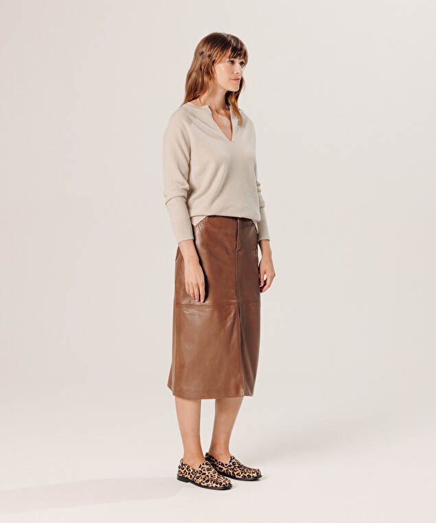 Rodier Jupe Longue Droite En Cuir Marron