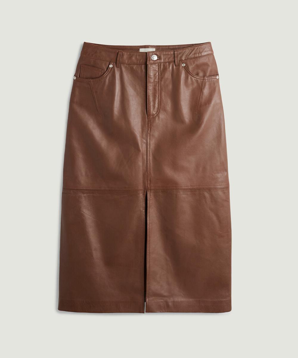 rodier Jupe longue droite en cuir marron
