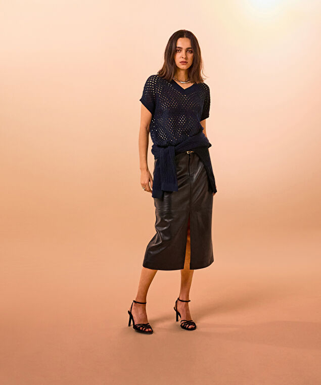 Rodier Jupe Longue Droite En Cuir Noire