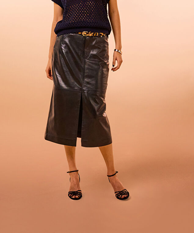 Rodier Jupe Longue Droite En Cuir Noire