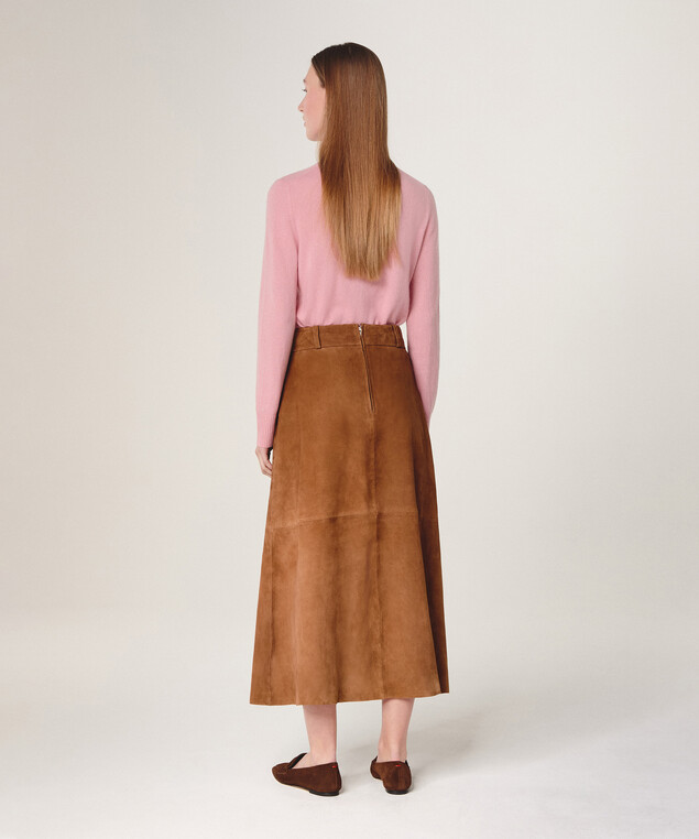 Rodier Jupe Longue En Cuir De Chèvre Velours Camel