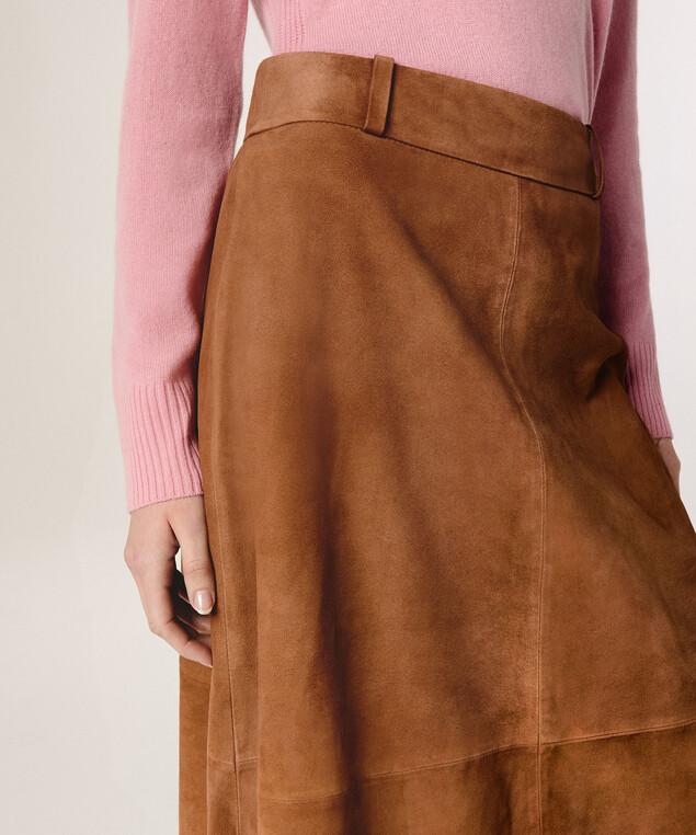 Rodier Jupe Longue En Cuir De Chèvre Velours Camel