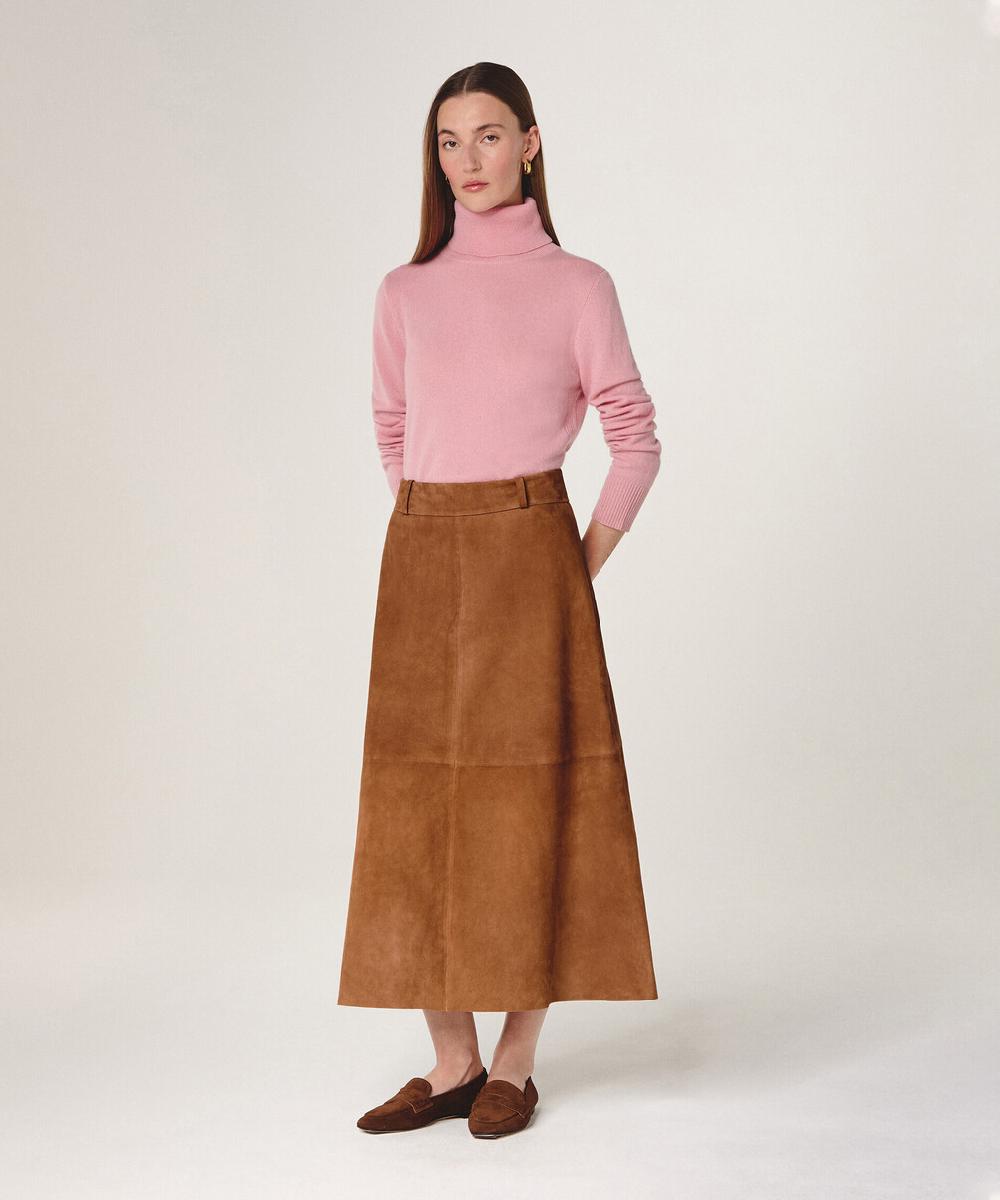 rodier Jupe longue en cuir de chèvre velours camel