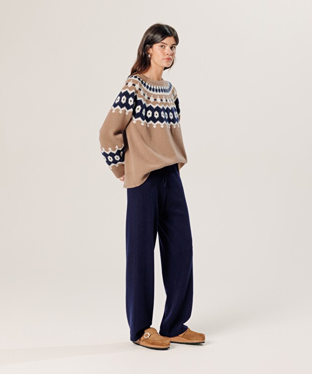 Rodier Pantalon Large En Cachemire Bleu Marine