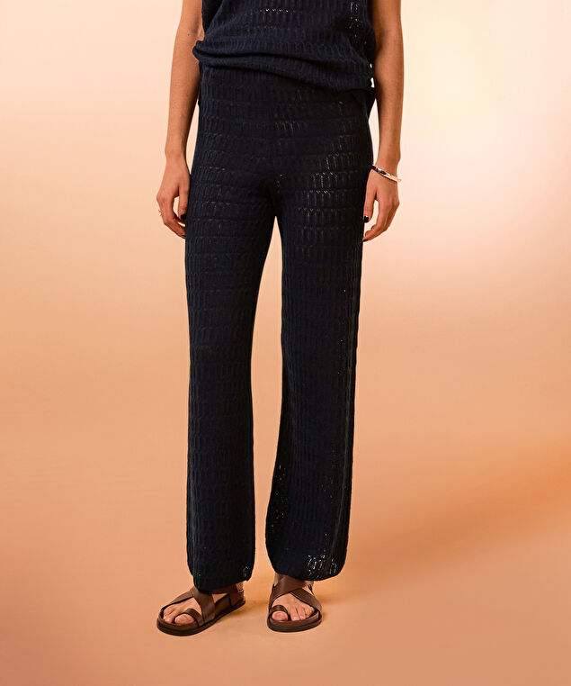 Rodier Pantalon Large En Maille Ajourée Bleu Nuit
