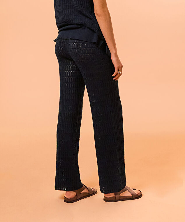 Rodier Pantalon Large En Maille Ajourée Bleu Nuit