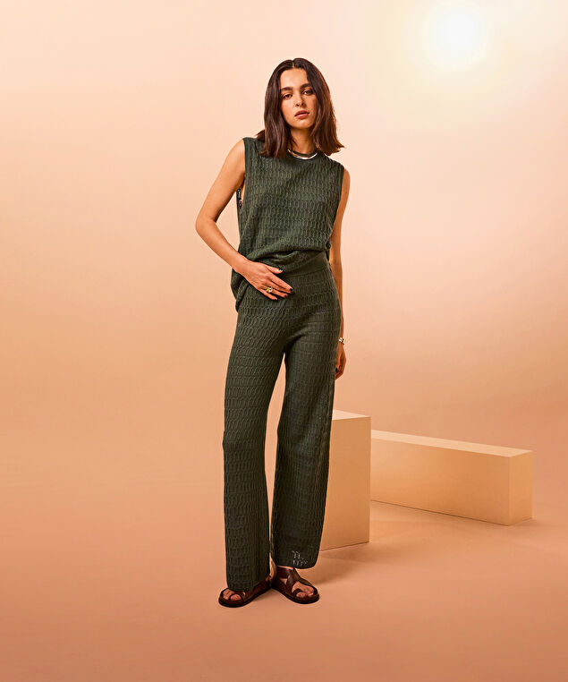 Rodier Pantalon Large En Maille Ajourée Vert Kaki