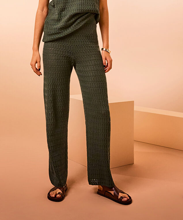 Rodier Pantalon Large En Maille Ajourée Vert Kaki