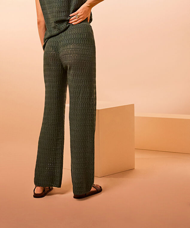 Rodier Pantalon Large En Maille Ajourée Vert Kaki