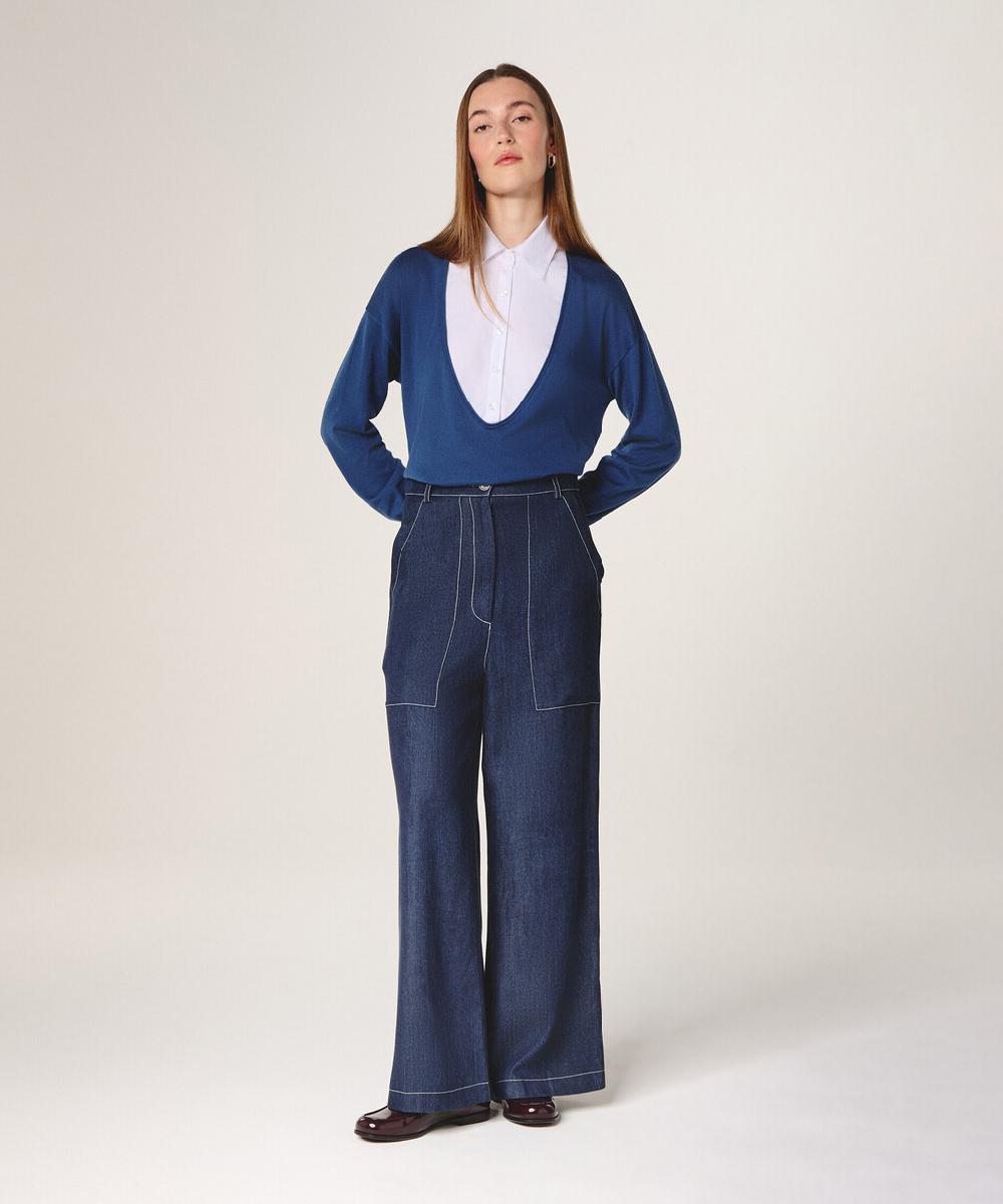 rodier Pantalon large jean bleu denim