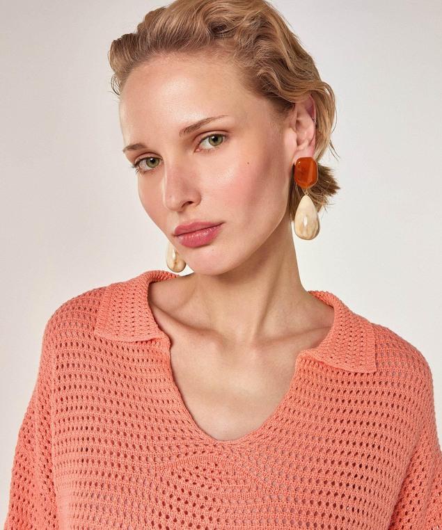 Rodier Pull Ajouré Col Polo Rose Saumon