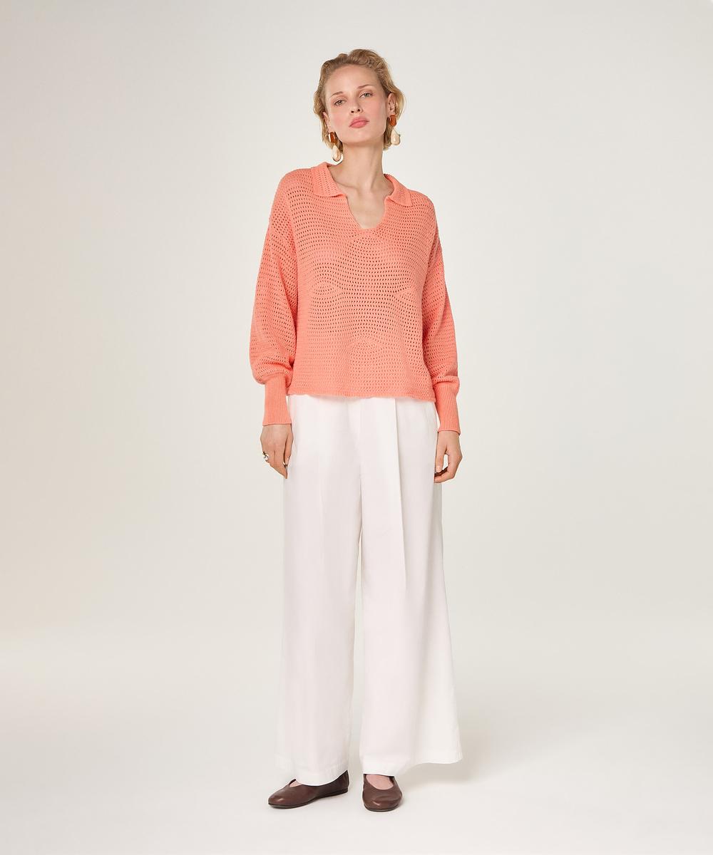 rodier Pull ajouré col polo rose saumon