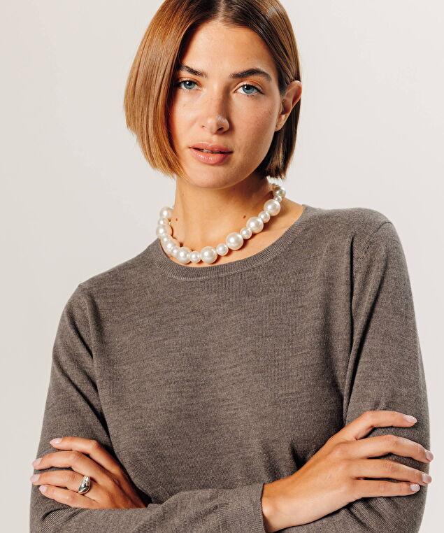 Rodier Pull Col Rond En Laine Mérinos Marron Taupe