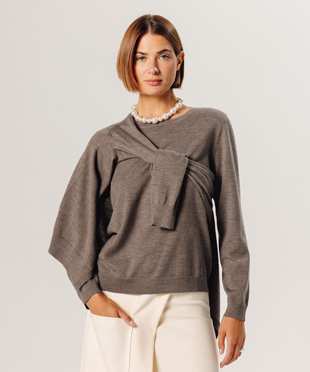 rodier Pull col rond en laine mérinos marron taupe