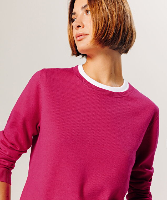 Rodier Pull Col Rond En Laine Mérinos Rose Tonique