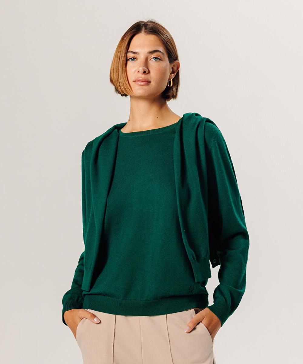 rodier Pull col rond en laine mérinos vert anglais