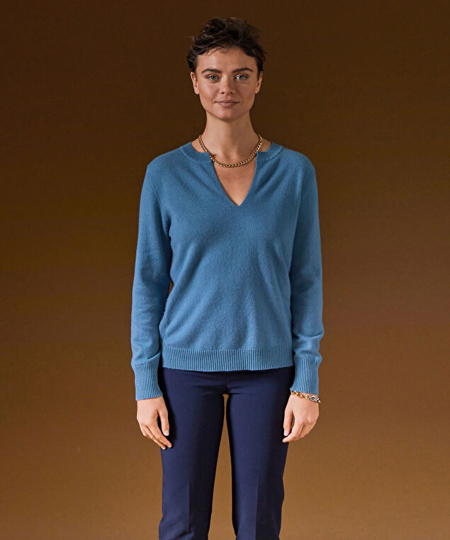 Rodier Pull Col Tunisien En Cachemire Bleu Azur